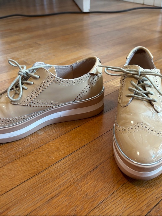 Patent Leather Brogue Oxford Lace-Up Flats in Beige - Picture 3 of 9